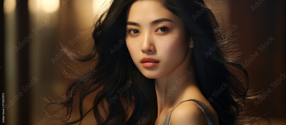 A woman with flowing black hair wearing a stylish gray top poses for a portrait A woman with flowing black hair wearing a stylish gray top poses for a portrait