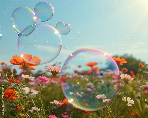 Close-up of Shimmering Soap Bubbles Among Blooming Wildflowers, Capturing the Essence of Summer's Delicate Beauty