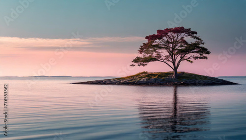 Tranquil lone tree on island with pink-toned water © Your Hand Please
