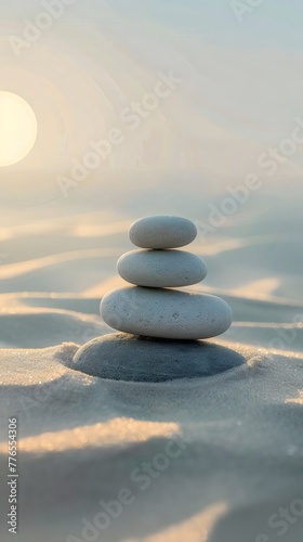 Stack of rocks sits atop a sandy beach, minimalist and abstract scene against the backdrop of the soft sand