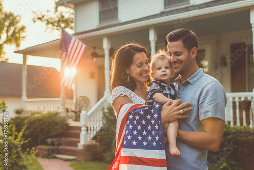 Happy loving family with smiling baby holding American USA Flag draped over shoulders in front the porch of typical American house at sunny day. Family celebrates 4 July Independence Day