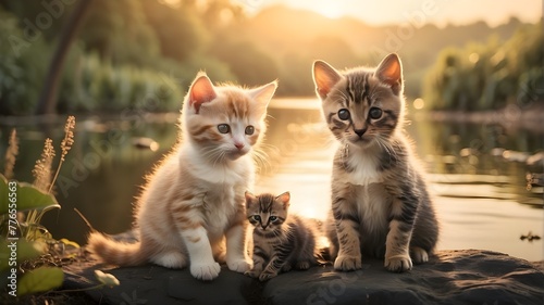  A heartwarming scene capturing a kitten and a puppy sitting side by side near the edge of a tranquil pond. The soft glow of sunrise reflects beautifully on the water, mirroring the adorable pair and  © Waqasiii_Arts 