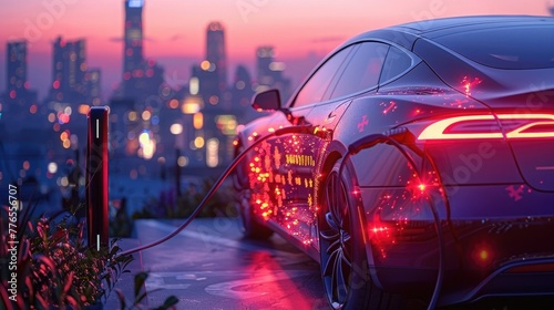 The futuristic lines of an electric vehicle's charging port, d against the backdrop of a city skyline at dusk.