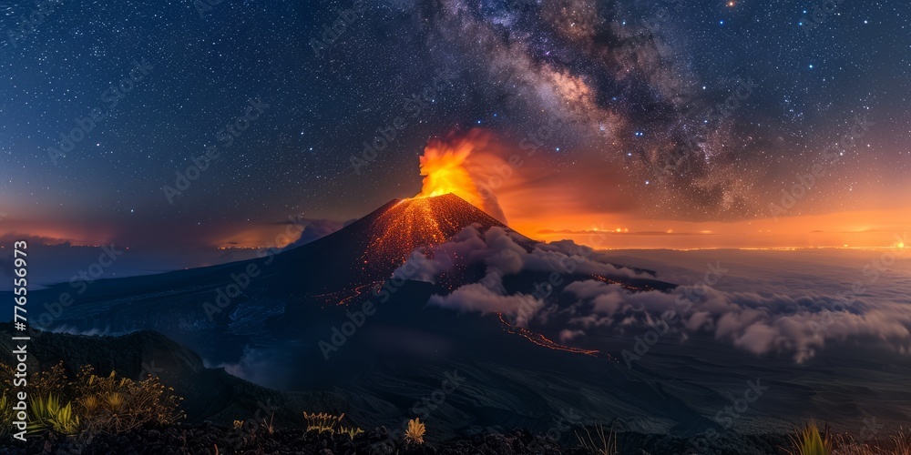 The earth's wrath: A dramatic view of a volcano erupting, spewing lava under a starlit sky