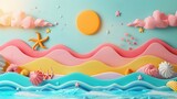 Colorful abstract geometric shapes form a vibrant beach and sea scene, 3D clay style