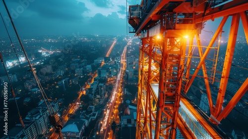 Construction tech of tomorrow  mobile crane  night city lights  ultra-detail