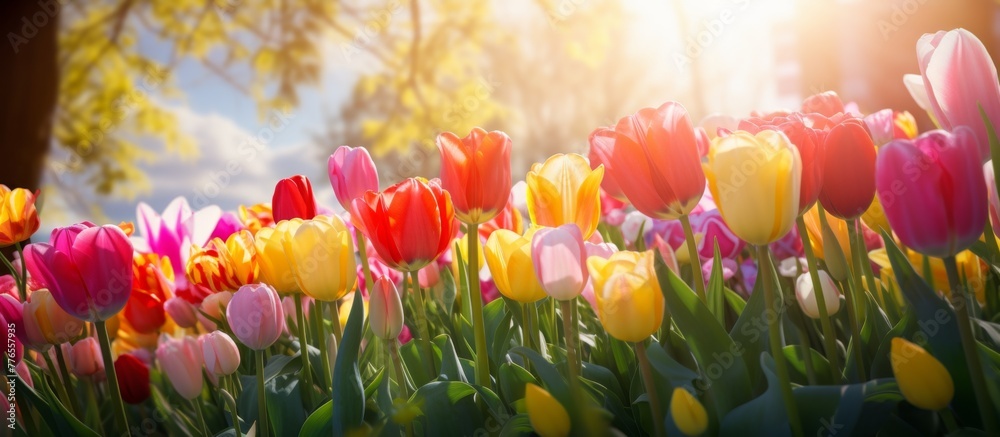 Vibrant tulips in a field bask in the sunlight filtering through the trees, creating a picturesque scene of nature's beauty Vibrant tulips in a field bask in the sunlight filtering through the trees, creating a picturesque scene of nature's beauty