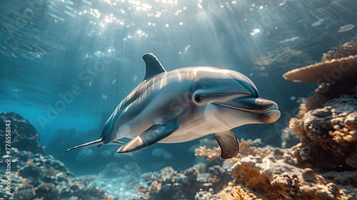 The gentle curve of a dolphin's sleek body as it gracefully cuts through the crystal-clear waters. A symbol of freedom and grace in the ocean depths. © rajpoot 