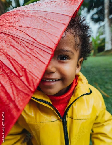 A young child happily holds a red umbrella, looking up at the sky with a big smile.