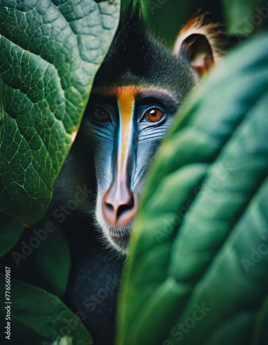 Expressive portrait of a Mandrill monkey behind large green leaves