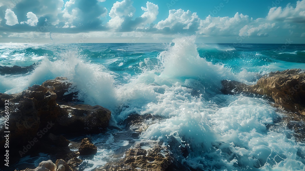 The rhythmic crashing of waves against weathered rocks