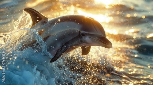 The graceful curve of a dolphin's body as it breaches the surface of the ocean, the sunlight catching the spray of water in a dazzling display of movement and energy.