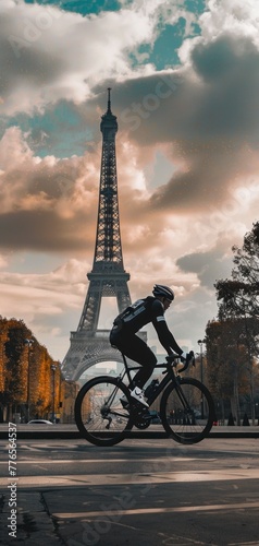 MAN in a cycling race in Paris with the Eiffel Tower in the background in high resolution and quality