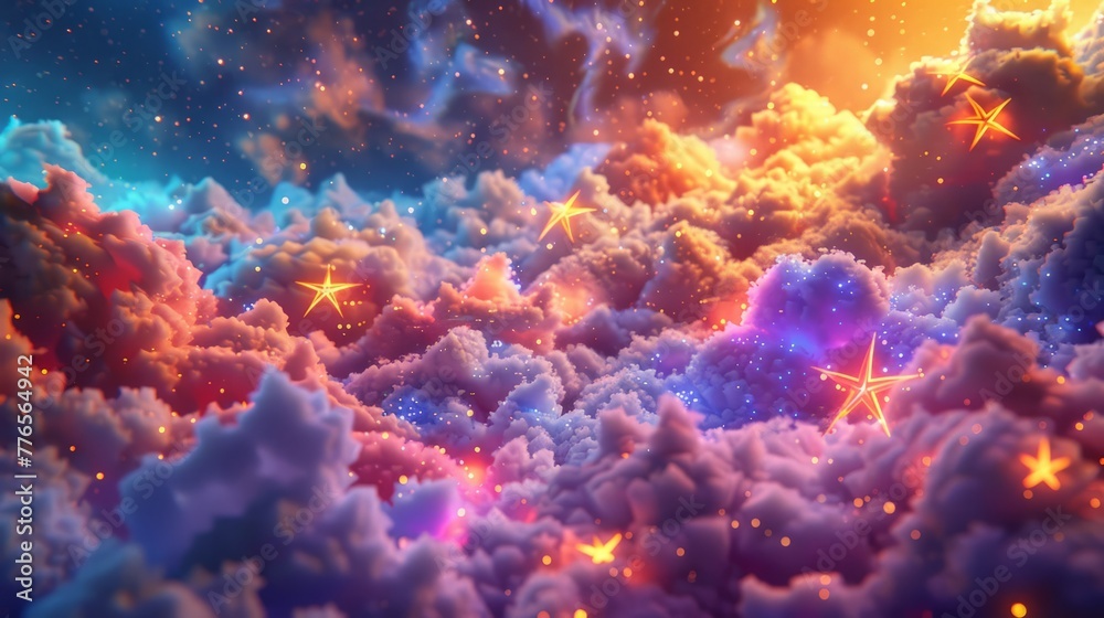 3D clay render of a cosmic landscape, stars forming abstract geometric shapes, vibrant colors