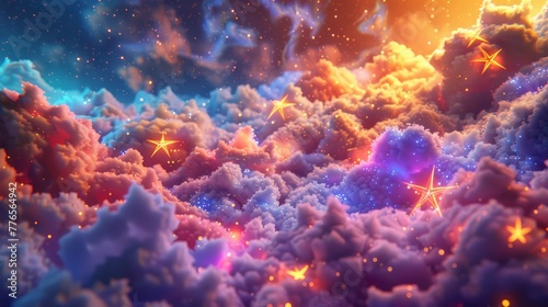 3D clay render of a cosmic landscape, stars forming abstract geometric shapes, vibrant colors