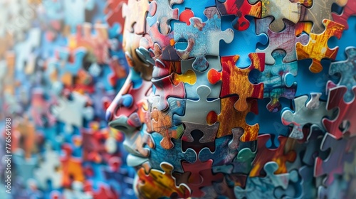 Puzzle of identity: A head composed of colorful puzzles, each piece catching the light, symbolizing the facets of self