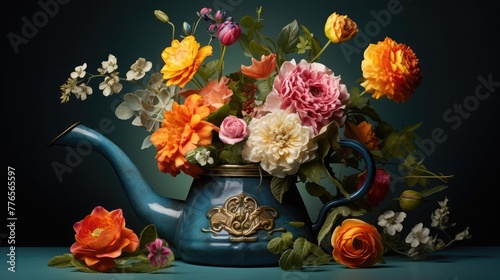 Watering can with garden flowers