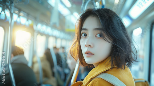 A young Korean woman commute on Seoul subway, her graceful presence a quiet contrast to the city's bustling morning.