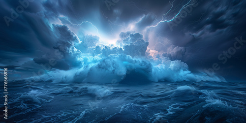 A digital masterpiece depicts the raw power of nature as tumultuous ocean waves clash under a stormy sky, illuminated by flashes of lightning and charged with the intense energy of thunderclouds.