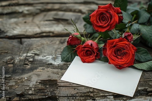 three red roses with empty paper card on old wood table, 4k photo
