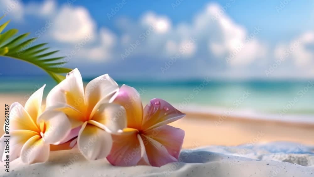Scenic Tropical Beach with Fragrant Plumeria Flowers in White Sand Scenic Tropical Beach with Fragrant Plumeria Flowers in White Sand