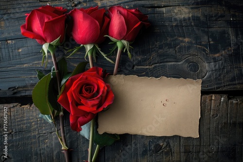 three red roses with empty paper card on old wood table, 4k photo