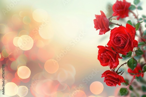 Valentine background with red roses blurred background surface.