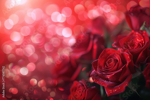 Valentine background with red roses blurred background surface. © Bushra