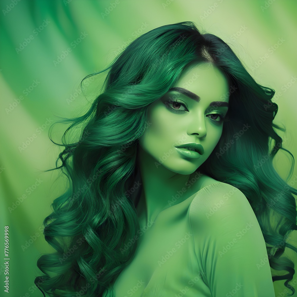 Naklejka premium a woman with long hair and a green background with a green background.