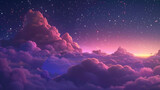 Soft, wispy clouds tinged with shades of pink and lavender, drifting lazily across the night sky agnst the backdrop of a million twinkling stars.