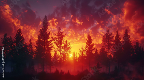 The silhouette of trees against a fiery sunset sky