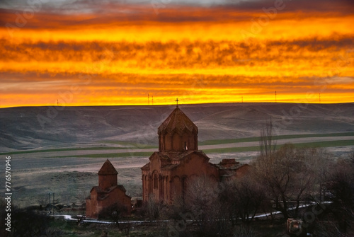 Marmashen Monastery against the sunset sky ,Exterior view to Marmashen Church at Shirak, Armenia photo