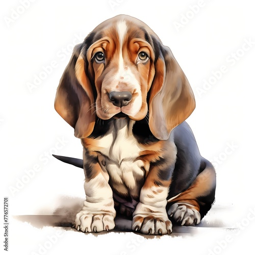 Basset hound. Basset hound dog. Puppy clipart. Watercolor illustration. Generative AI. Detailed illustration.