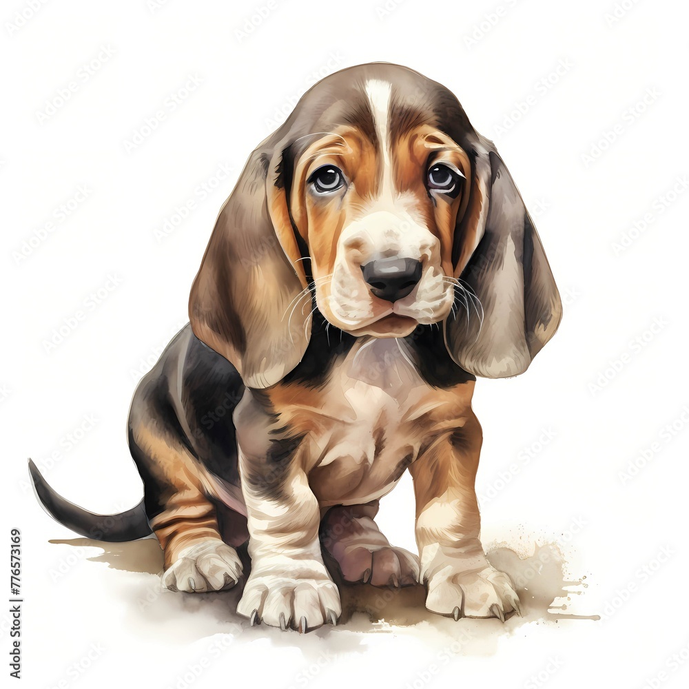 Basset hound. Basset hound dog. Puppy clipart. Watercolor illustration. Generative AI. Detailed illustration.