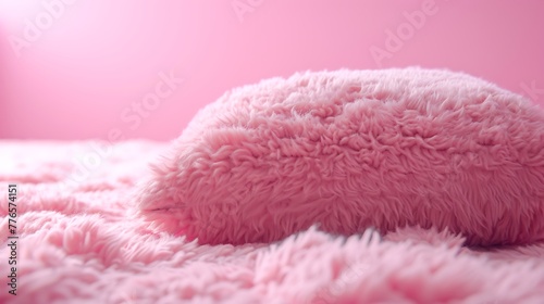  Pink fluffy carpet and fluffy pillow on pink background in a closeup