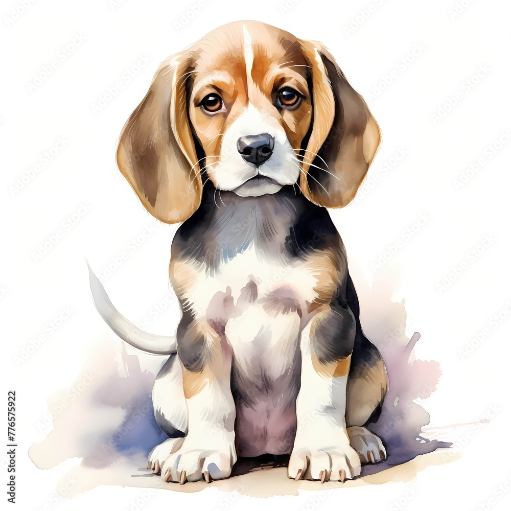 English beagle. Beagle dog clipart. Puppy clipart. Watercolor illustration. Generative AI. Detailed illustration.