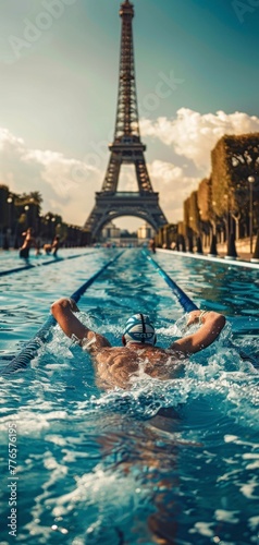 man in a swimming competition with the Eiffel Tower in the background in high resolution and quality. Olympic games concept