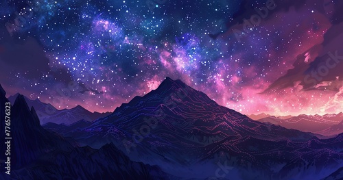 the stars from a mountaintop, in the style of dreamlike cityscapes #776576323