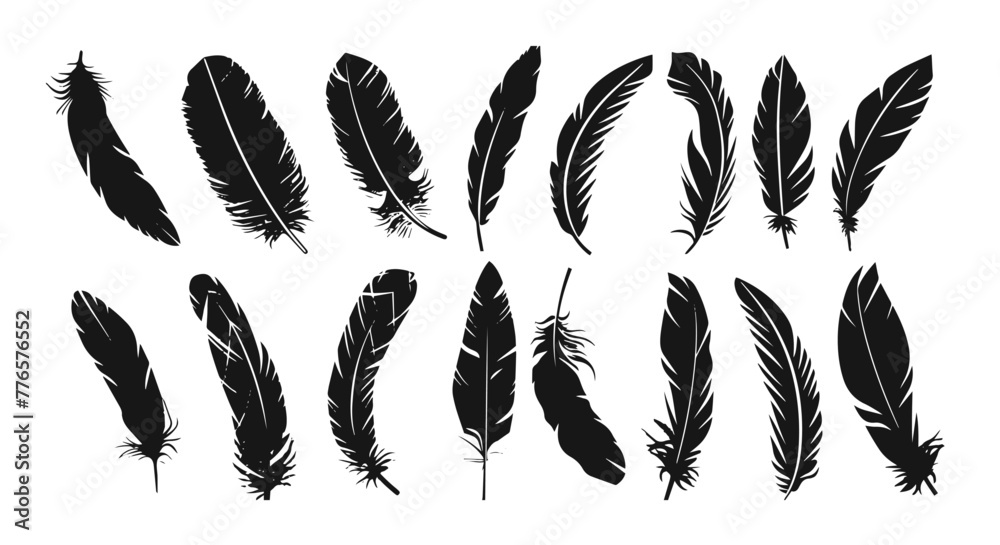 Variety of black silhouette feathers set vector art collcetion Variety of black silhouette feathers set vector art collcetion