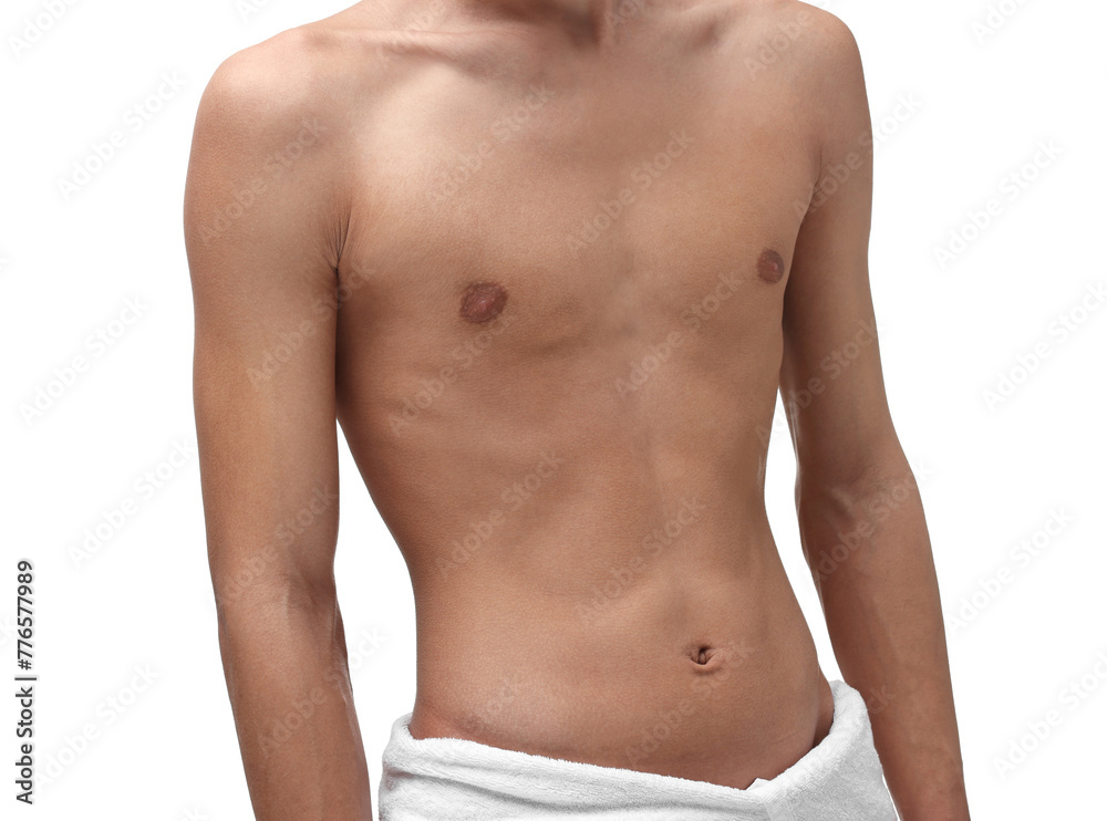 Man with slim body in towel on white background, closeup