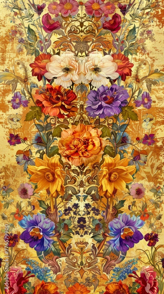 Monarch Garden at peak bloom with each flower representing a different aspect of kingship from power to wisdom all rendered in luxurious gold tinged colors created with Generative AI Technology