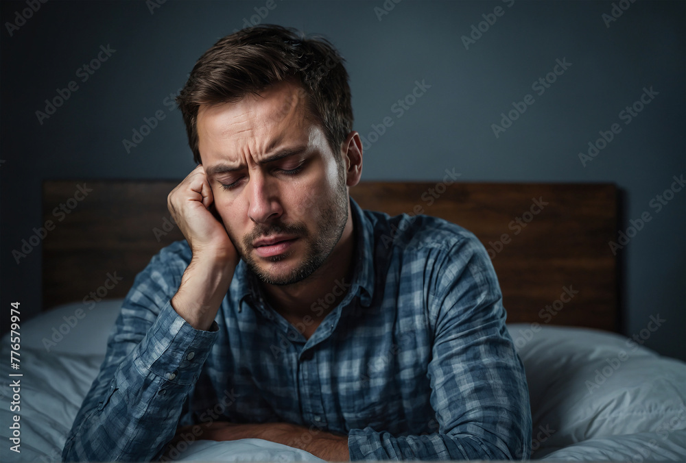 man sitting on bed feeling headache pain man sitting on bed feeling headache pain