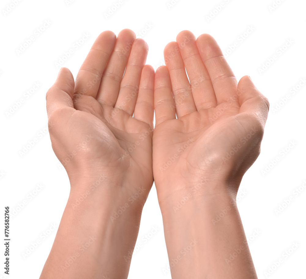 Religion. Woman with open palms praying on white background, closeup Religion. Woman with open palms praying on white background, closeup