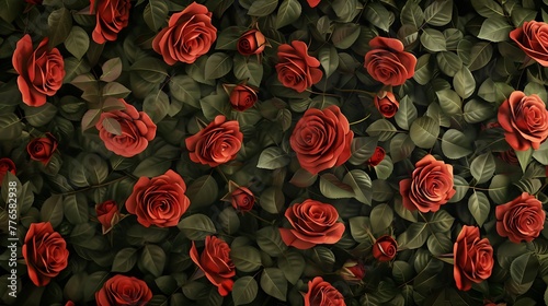 wallpaper of many red and pink roses, dark green leaves, aesthetic vibe, high resolution