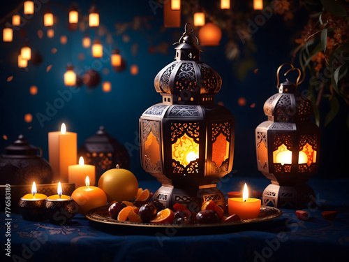 Ornamental Arabic lanterns with burning candles glow at night. Plate with date fruit on the table. A festive greeting card and invitation are for the Muslim holy month of Ramadan, Kareem. Iftar dinner