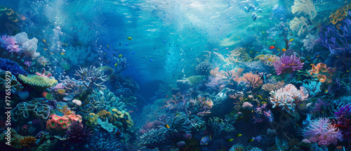 A vibrant coral reef teeming with marine life, bathed in a splendid gradient of blues and greens, captured in high-definition to highlight its mesmerizing vibrancy.