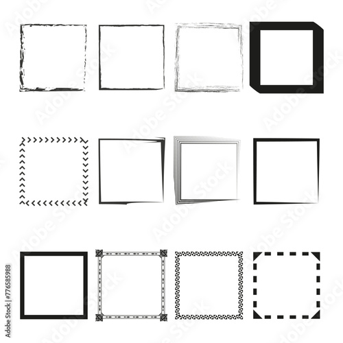 Assorted frame designs. Decorative borders set. Simple square outlines. Vector illustration. EPS 10.