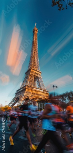 People in motion in an athletics race in Paris with the Eiffel Tower in the background. Paris 2024 Olympic Games concept in high resolution