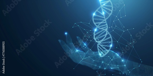 Abstract hologram of DNA helix in a hand on a blue background. Digital hand-holding double helix in futuristic light monochrome low poly wireframe style. Medical, scientific concept.