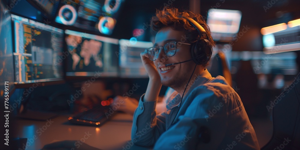 Happy Confident Technical Customer Support Specialist Having a Headset Call while Working on a Computer in a Dark Monitoring and Control Room Filled with Colleagues and Display Screens.